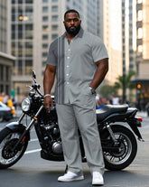 Men's Plus Size Gray Color Matching Line Fashion Short Sleeve Shirt Trousers Suit